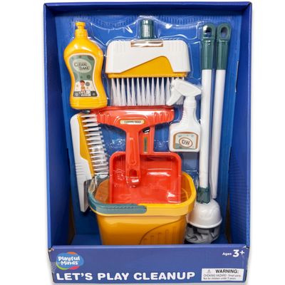 Playful Minds 8-Piece Cleaning Playset for Toddlers - Broom, Mop, Pail, Dustpan, Brush, Squeegee, and Pretend Bottles - Perfect for Imaginative Play and Skill Building