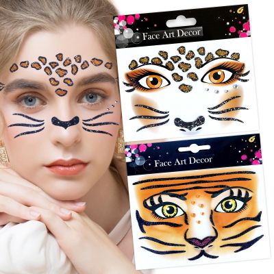 Leopard Face Tiger Print Animal Face Stickers - White Pink Crystal Gemstone Glitter Art Stickers for Adult & Children - Halloween Make Up Party Decoration - 2Pcs