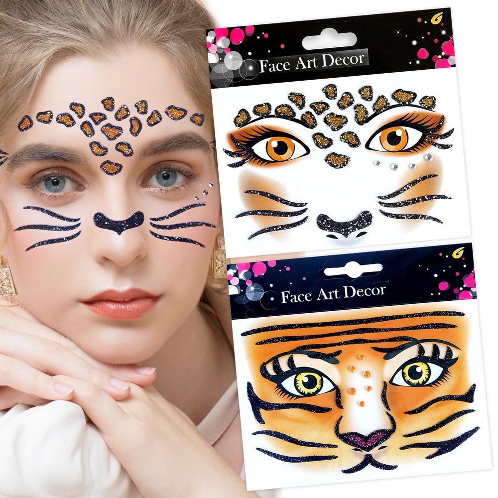 Leopard Face Tiger Print Animal Face Stickers - White Pink Crystal Gemstone Glitter Art Stickers for Adult & Children - Halloween Make Up Party Decoration - 2Pcs