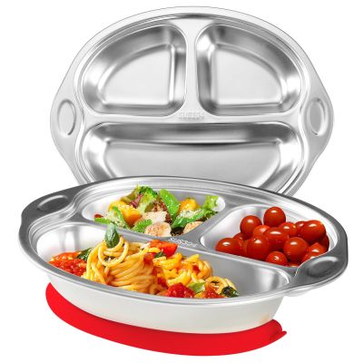 Mrs. Chou Stainless Steel Baby Suction Plates: Divided Plates for Babies & Toddlers, BPA-Free, Dishwasher Safe, Red