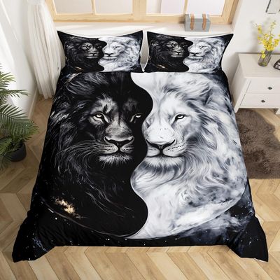 Wild Lion Couple Duvet Cover Set Toddler Size Tropical African Animal Bedding Set for Kids Girls Boys Teens Black and White Comforter Cover Lions Wildlife Quilt Cover,1 Pillowcase(No Comforter)