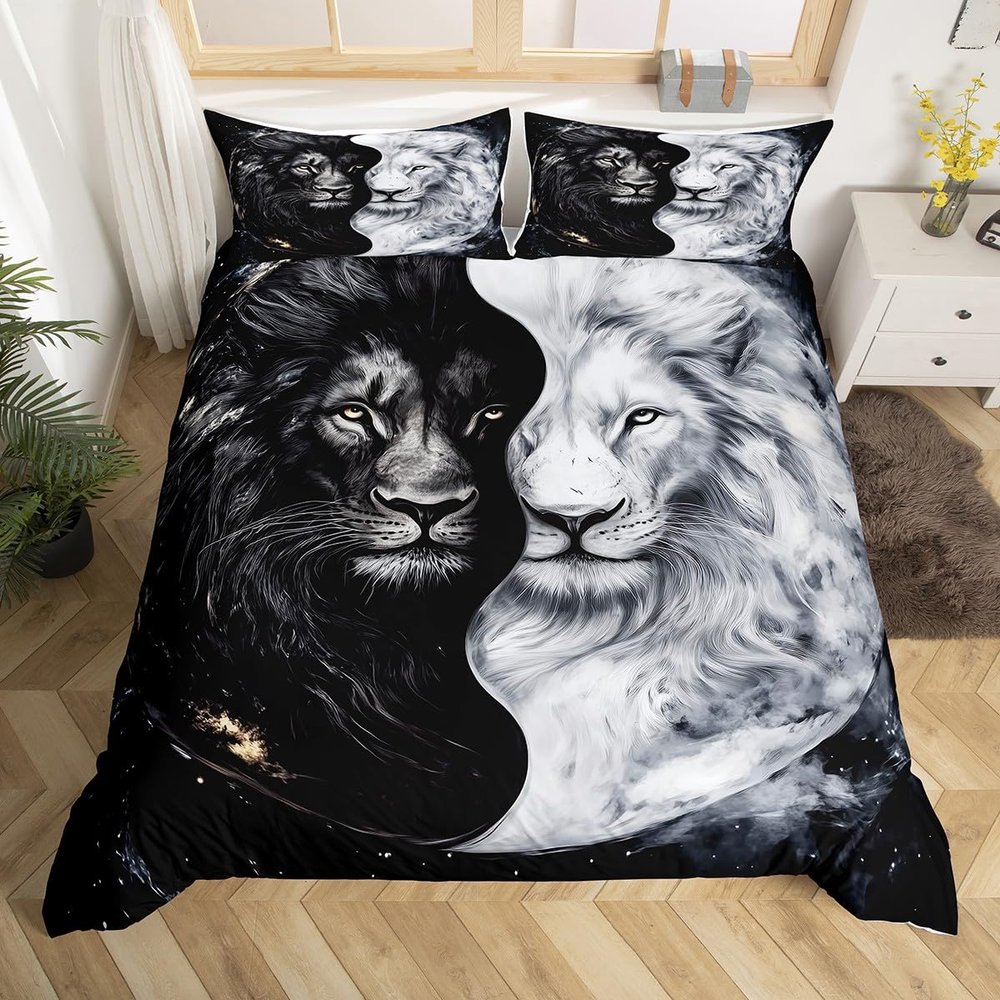 Wild Lion Couple Duvet Cover Set Toddler Size Tropical African Animal Bedding Set for Kids Girls Boys Teens Black and White Comforter Cover Lions Wildlife Quilt Cover,1 Pillowcase(No Comforter)