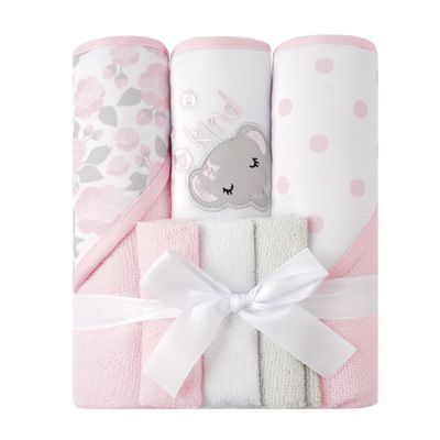 Viviland Baby Towels and Baby Wash Cloths Set Hooded Baby Towels Baby Wipes Absorbent Bath Face Towels Burp Cloths or Face Towels for Girl Boy 6-Pack Size 28 x 28 Inch(Elephant Flower)