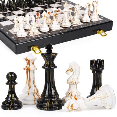 15" Large Chess Set for Adults with Weighted Acrylic Chess Pieces 3.5" King & Portable Folding Marbling Wooden Chess Board Travel Chess Sets Family Board Game Gift  Elegant Classic Chess Game