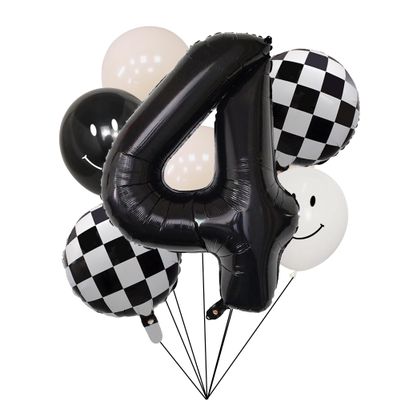 100% LIKED- 40 Black Four|Black & White Smiley Face Latex |Checkered Foil for Birthday Decorations, Smiley Face Party Deco, Baby Shower, 4th Birthday Party Supplies