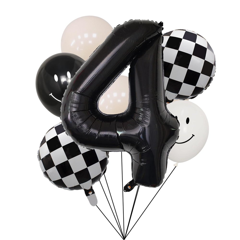 100% LIKED- 40 Black Four|Black & White Smiley Face Latex |Checkered Foil for Birthday Decorations, Smiley Face Party Deco, Baby Shower, 4th Birthday Party Supplies