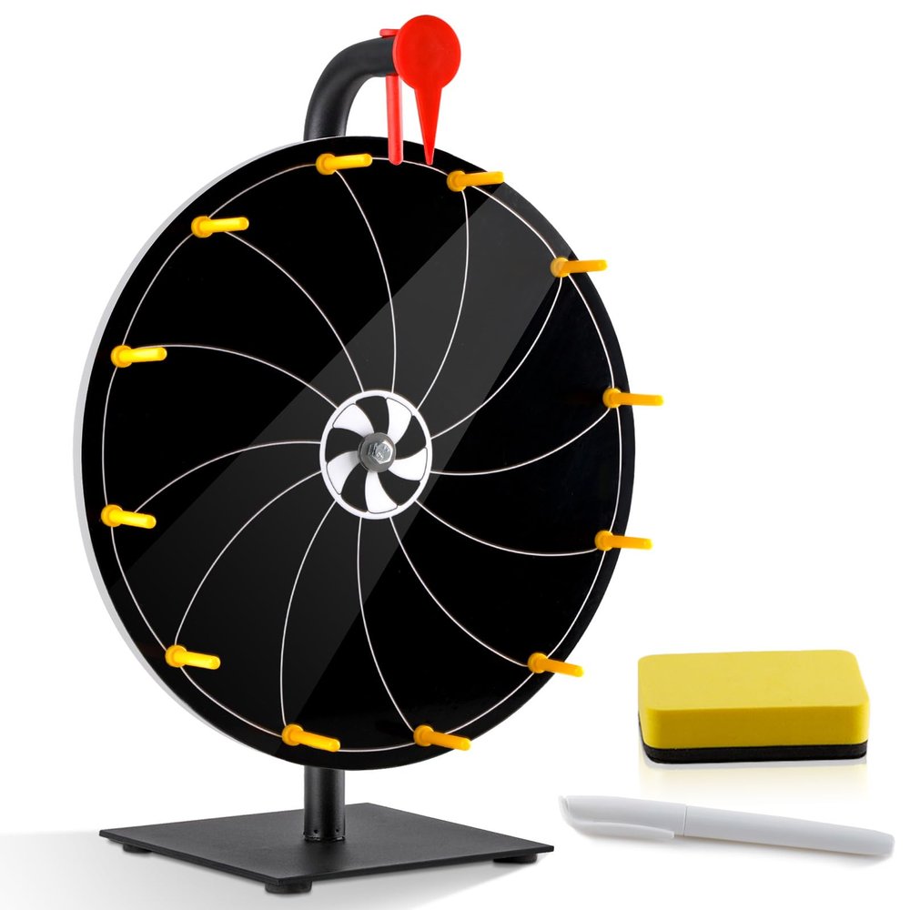 12" Spinning Prize Wheel, 12 Slots Prize Spinning Wheel Tabletop Roulette Spinner with Dry Eraser Marker & Eraser - Heavy Duty Spinning Wheel for Prizes Fortune Spinning Game Trade Show (Black)