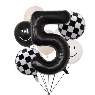 100% LIKED- 40 Black Five|Black & White Smiley Face Latex |Checkered Foil for Birthday Decorations, Smiley Face Party Deco, Baby Shower,3rd Birthday Party Supplies