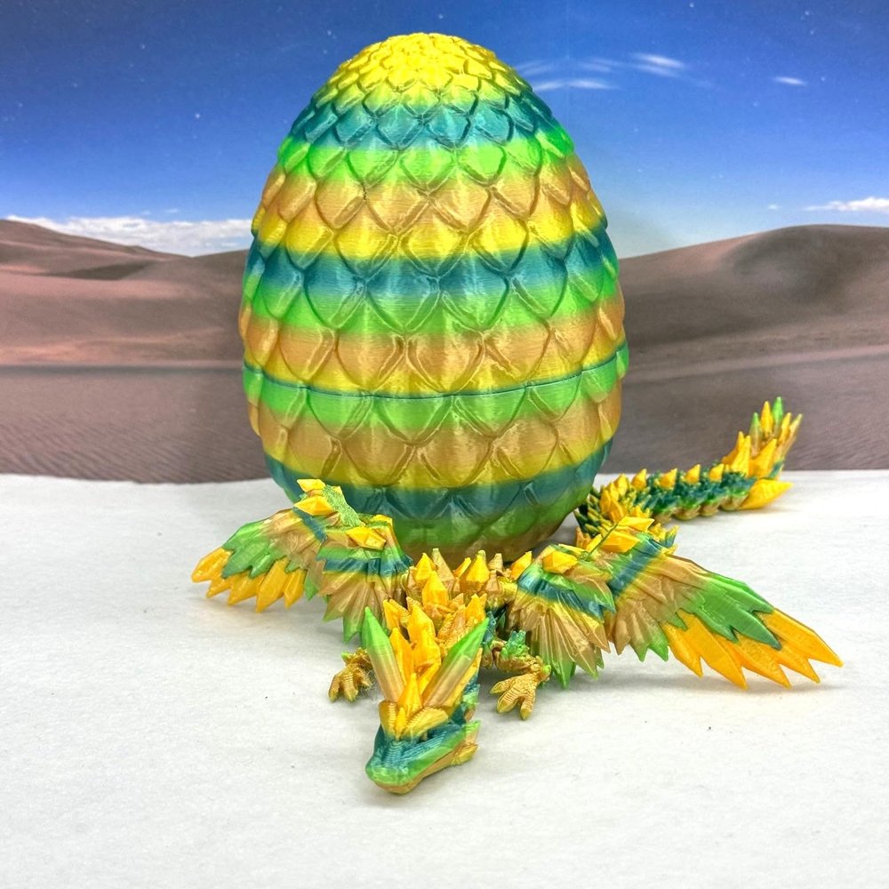 Crystal Winged Dragon with Dragon Egg, 3D Printed Articulated Dragon with Wings, Yellow and Green Crystal Winged Dragon, Fidget ADHD Autism Toy CW007