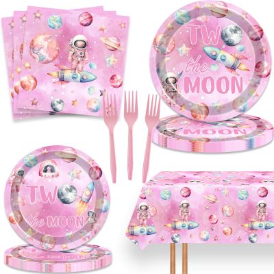 51 Pcs Outer Space Girls 2nd Birthday Party Supplies - Two The Moon Decorations & Tableware Includes Table Cloth, Plates, Napkins, Forks for Pink Space Two Years Old Party