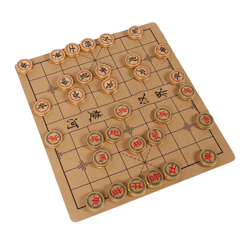 Chinese Chess Set Traditional Xiangqi Strategy Board Game 2 Players Travel Game Set with Foldeble Chessboard and Gold Chess Box for Family Gathering
