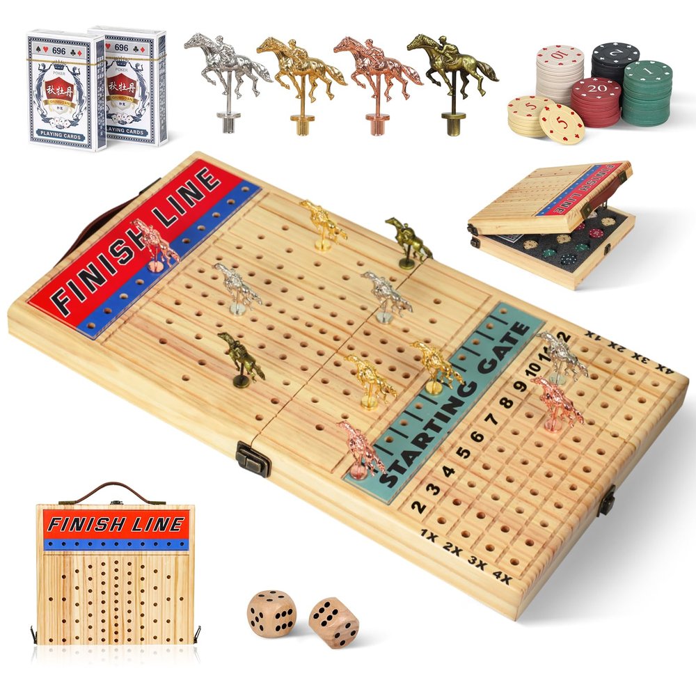 21 Inches Horse Racing Game, Horse Race Board Games with 11 Luxury Metal Horses,Thickened Wood Chessboard,Chips,Cards and Dice, Classic Wooden Table Top Board Games for Adults and Family