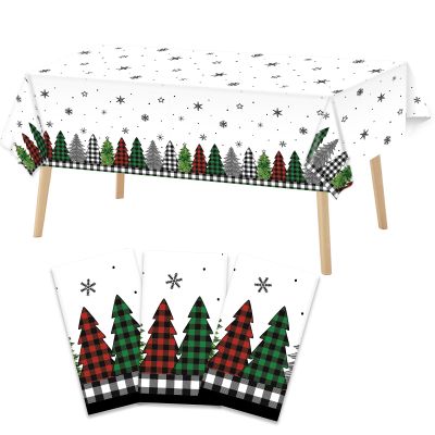 3 Pcs Christmas Disposable Tablecloth Christmas Trees Buffalo Plaid Black Plastic Table Cover Winter Snowflake Table Cover Decorative for Holiday Birthday Anniversary Party Decoration 52108 Inch