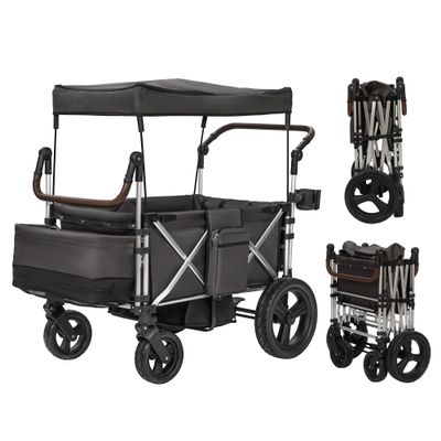 Real Relax Stroller Wagon for 4 Kids, Folding 4 Seater Stroller with 5-Point Safety Belt, Collapsible Push Toddler Cart with Canopy, All-Terrain Mobility Wheels