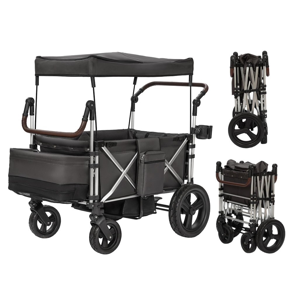 Real Relax Stroller Wagon for 4 Kids, Folding 4 Seater Stroller with 5-Point Safety Belt, Collapsible Push Toddler Cart with Canopy, All-Terrain Mobility Wheels