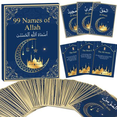 99 Names of Allah Flashcards Quran Verses Asma UI Husna Cards Eid Al Adha Learning Cards in Arabic and English Eid or Ramadan Gifts for Family Friends 5.73.1 Inches(Blue and Gold)
