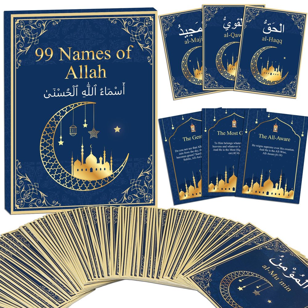 99 Names of Allah Flashcards Quran Verses Asma UI Husna Cards Eid Al Adha Learning Cards in Arabic and English Eid or Ramadan Gifts for Family Friends 5.73.1 Inches(Blue and Gold)