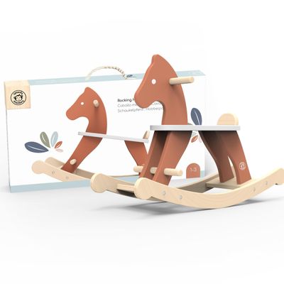 SPEEDY MONKEY Vintage Wooden Rocking Horse, Trendy Design, Handrails for Safe Rock & Ride, Non-Toxic Paint, Steady Motion, Classic Toy for Kids' Development and Fun