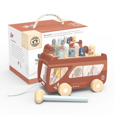 Speedy Monkey Bus Pounding Bench, Pull-Along Bus with Hammering Activity, 8 Wooden Characters, Enhances Hand-Eye Coordination, Safe Design, Non-Toxic Paint, Educational Toy for Kids 2-5 Years