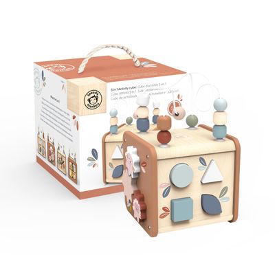 Speedy Monkey 5-in-1 Activity Cube, Educational Wooden Toy with Bead Maze, Shape Sorter, Gears, Puzzle & More, Develops Social, Communication & Numeracy Skills, Non-Toxic Paint, Ideal for Kids