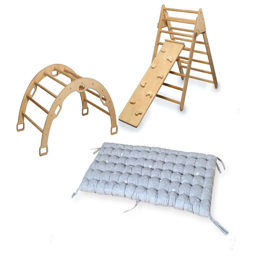 Montessori Wooden Climbing Frames | Indoor Climbing Set with Ramp & Cushion | Montessori Rocker with Pillow | Montessori Playground Climbing Set with Rockwall Ramp (Dino)