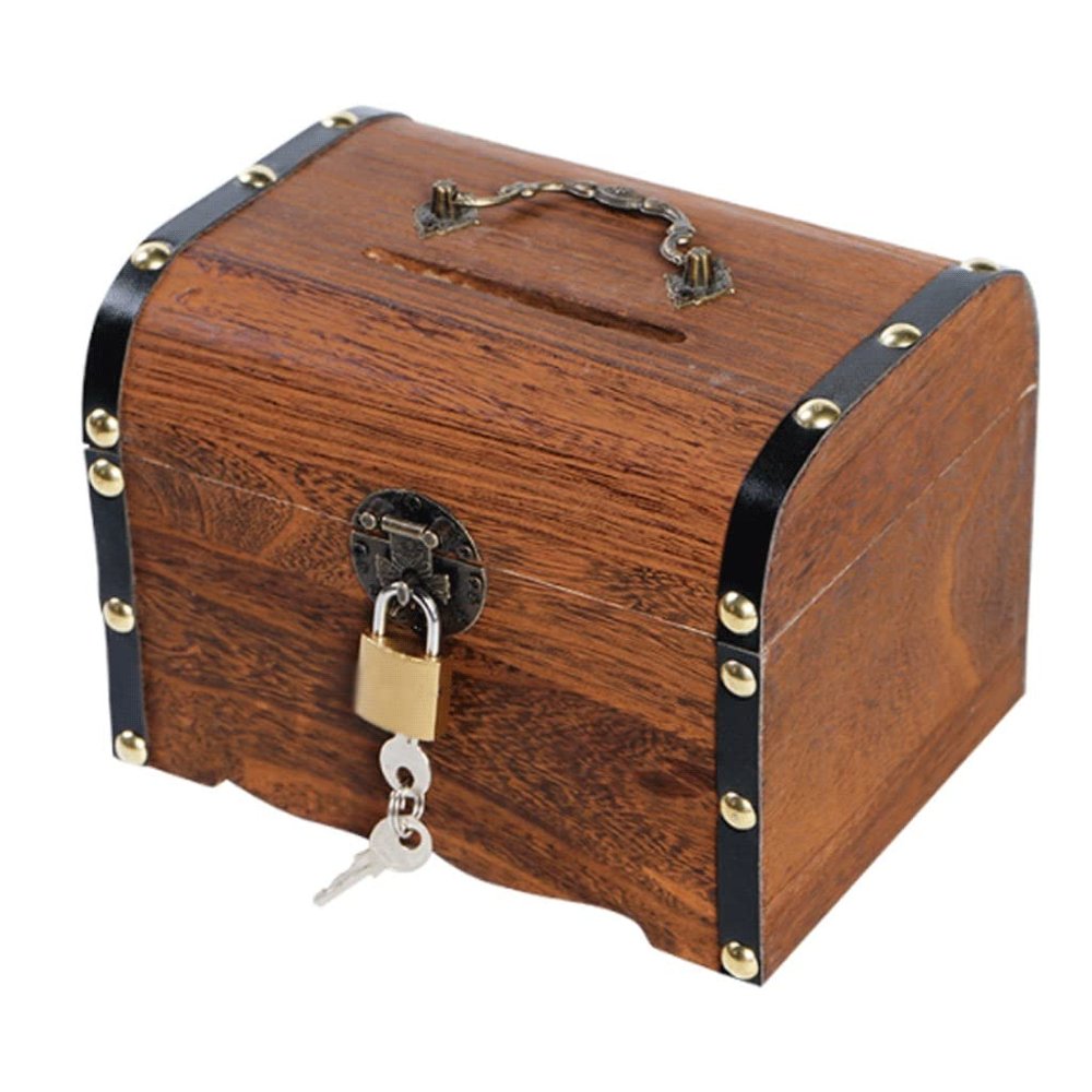 Indoor Money BoxesWooden Money BankPiggy Bank Wooden Money Bank with Lock,Piggy Bank Can be Taken Out,Retro Savings Jar for Family Adult Free Standing Keepsake Unbreakable(Small)