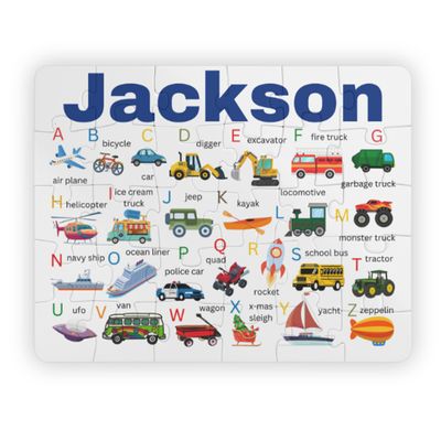 Artvibe Personalized with Your Child's Name Jigsaw Puzzle for Kids, Boys, Customized Puzzles: Construction Site, Train, Garbage Truck, Scholl Bus Cars Theme, Vehicles Large Size 11 x 14 (Alphabet)