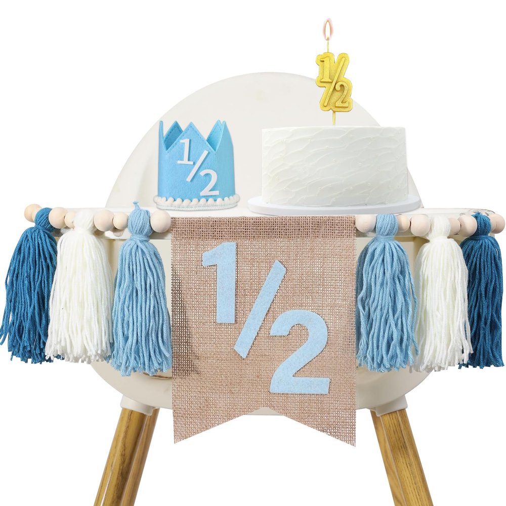 1/2 Birthday Boy Half Birthday Decorations High Chair Banner, 6 Month Girl Tassel Wood Bead Highchair Garland Blue