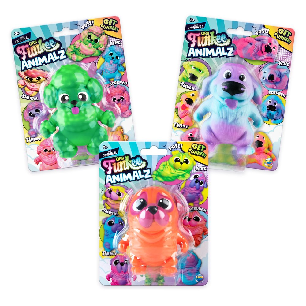 ORB Funkee Monkee Animalz Dog Squishy Toys Mega 3 Pack (Set 2) - Adorable Stretchy, Squishy Dog Squishies - Fun Puppy Stress Ball Toys - Funkee Dog Fidget Toys and Sensory Toys for Kids and Adults