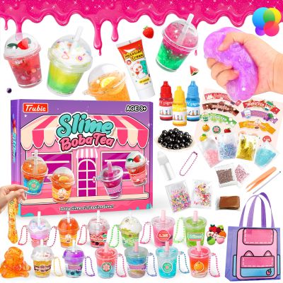 Trubic 46PCS Slime Boba Tea Making Kit for Girls ages 8-12, DIY Pretend Play Food Toys, Bubble Tea Cups/Bag/Clear Slime/Add-ins, Making Miniature Food, Christmas Party Favors Gift for Kids 6 7 9 10 11