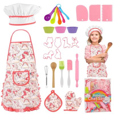 26 Pcs Kids Chef Set, Includes Apron, Hat, Mittens, and Real Cooking Utensils, Kitchen Play Set for Girls Age 3 and Up