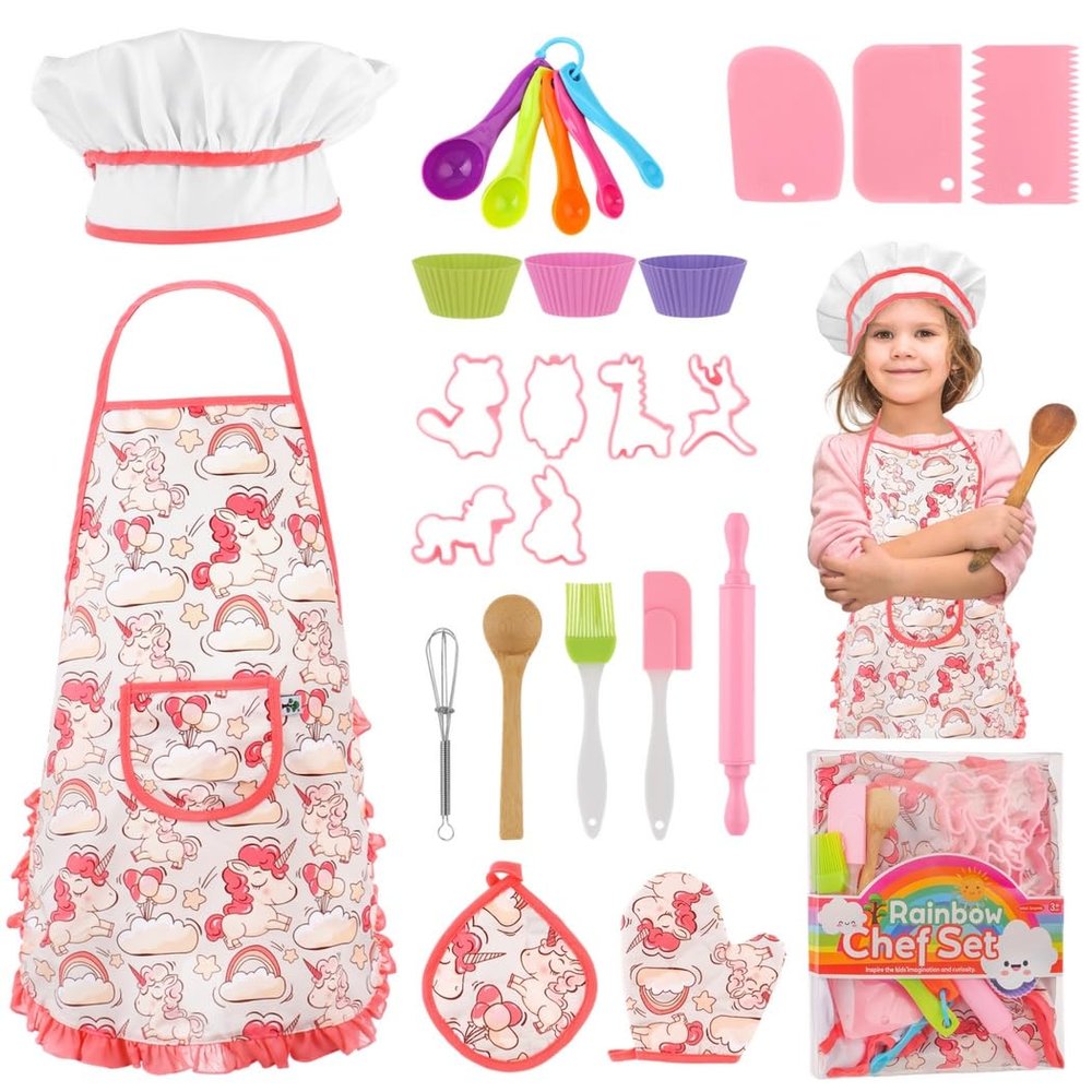 26 Pcs Kids Chef Set, Includes Apron, Hat, Mittens, and Real Cooking Utensils, Kitchen Play Set for Girls Age 3 and Up