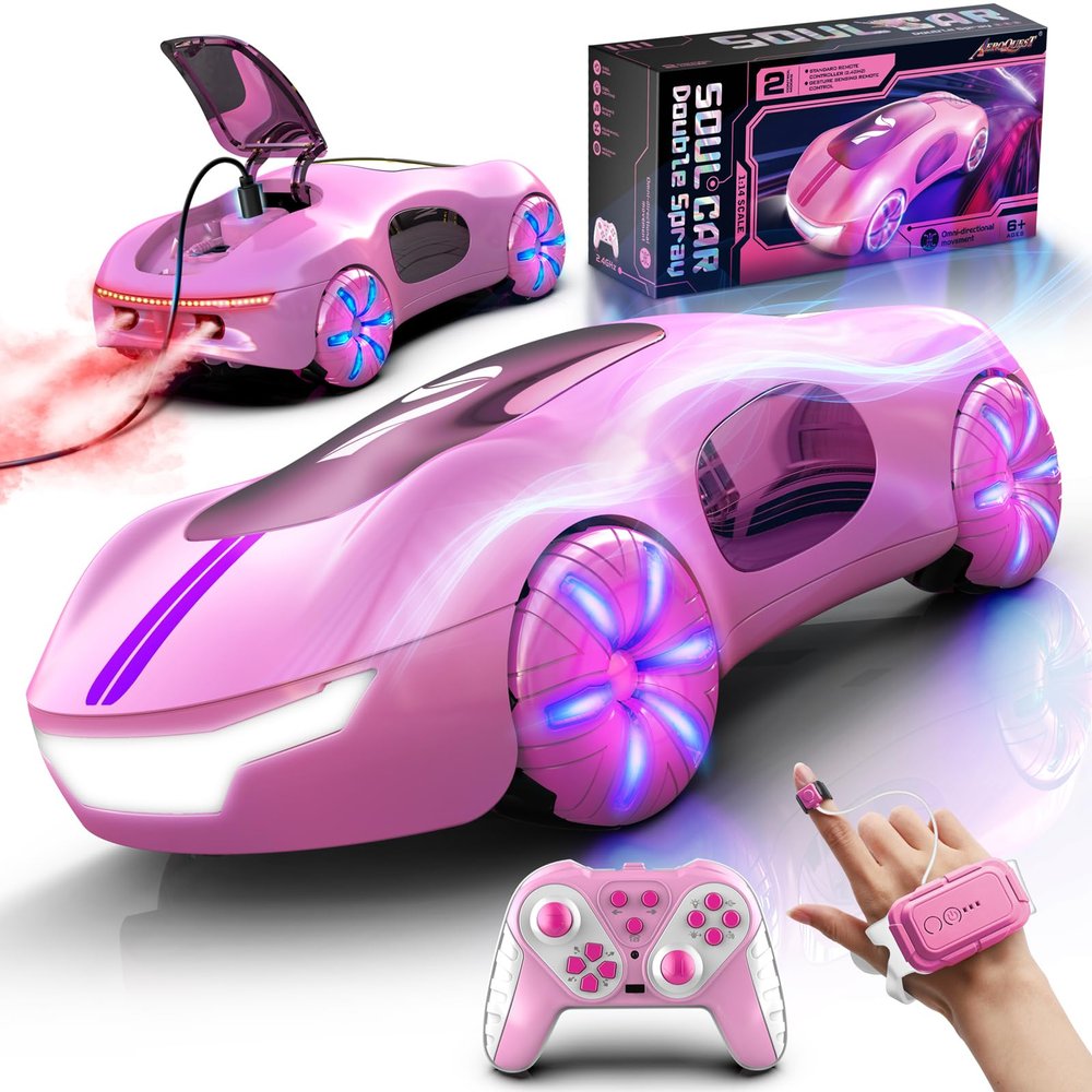 AEROQUEST Gesture Sensing Remote Control Car, Drift RC Stunt Car with Light Spray & Sound, 2.4GHz Hobby RC Cars Toy for Kids, 360 Rotate, Birthday Gifts for Boys Girls 6-12Pink