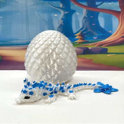 3D Printed Baby Dragon with Dragon Egg, Articulated White and Blue Cherry Blossom Dragon, Fidget ADHD AutismToy, Executive Desk Toy BD004WB
