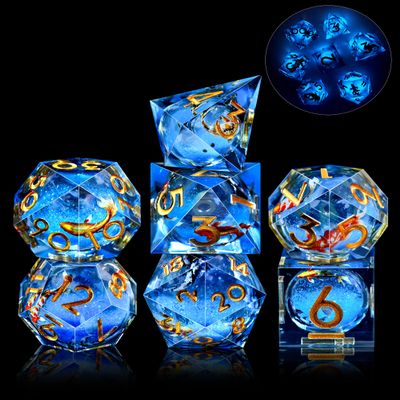 AUSTOR Liquid Core Koi Fish Resin DND Dice Set, 7-Die Glow in The Dark Dice Sharp Edge Polyhedral Dices Luminous Role Playing Dices for Dungeons and Dragons RPG MTG Table Games