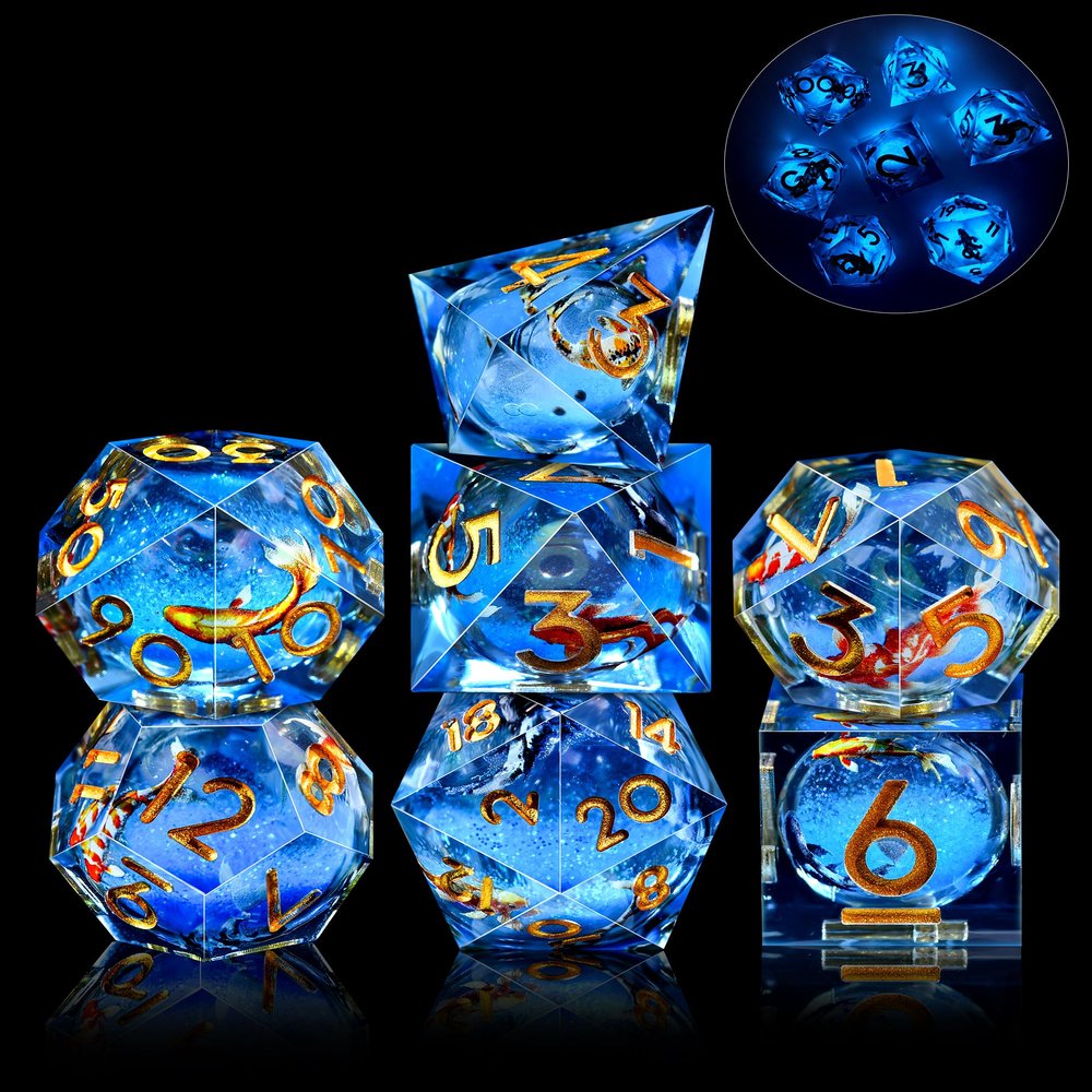 AUSTOR Liquid Core Koi Fish Resin DND Dice Set, 7-Die Glow in The Dark Dice Sharp Edge Polyhedral Dices Luminous Role Playing Dices for Dungeons and Dragons RPG MTG Table Games