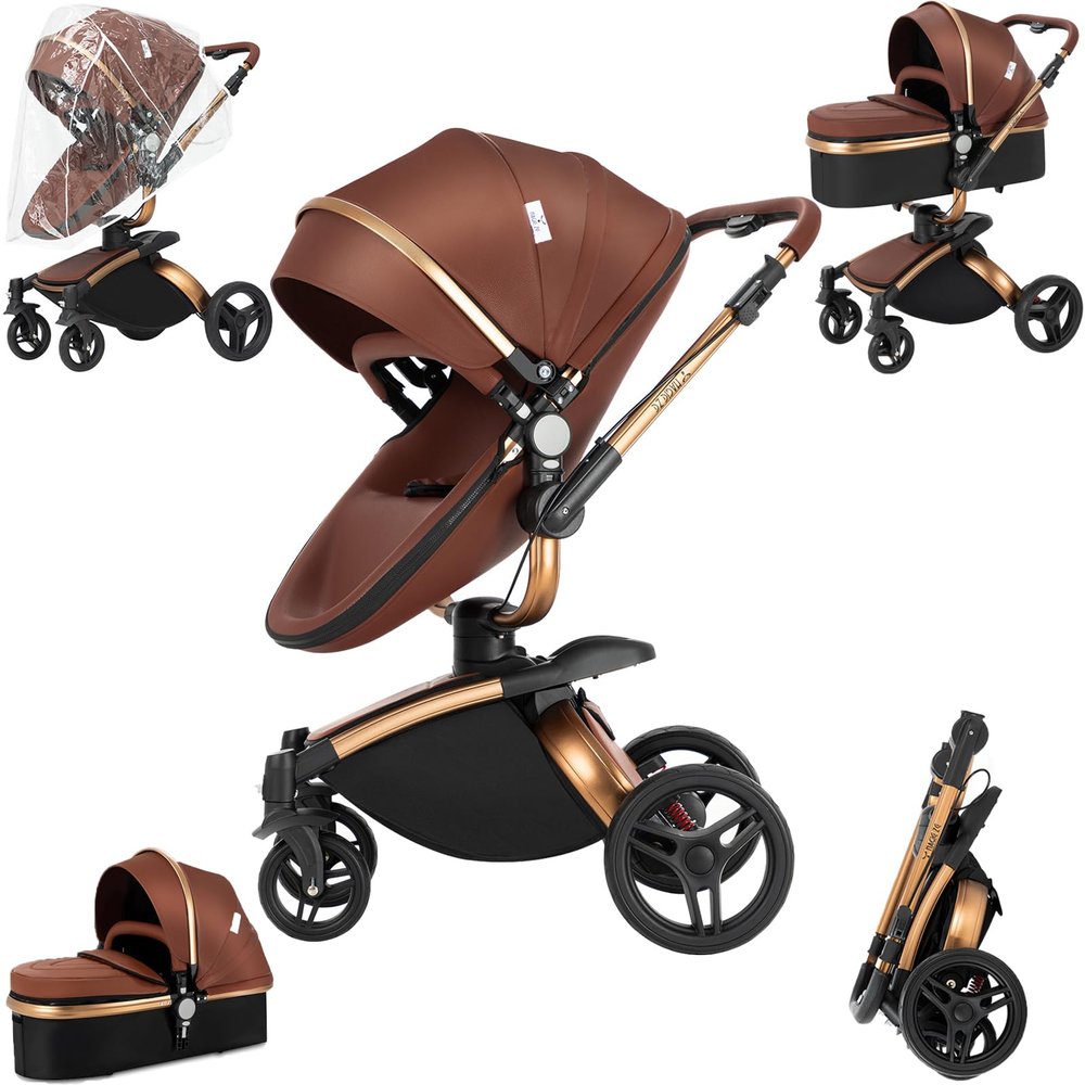 Magic ZC 360 Rotation PU Leather 2 in 1 Baby Stroller, Reversible Newborn Foldable Pram, Infant High Landscape Pushchair, Portable Standard Stroller, Reclining Buggy, Baby Carriage (HR003-orange)