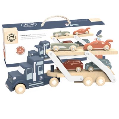 SPEEDY MONKEY Wooden Car Transporter Truck Toy | Double Deck Car Carrier with 4 Wooden Cars | Educational Vehicle Play Set for Toddlers & Kids | Creative Pretend Play Transport Toy