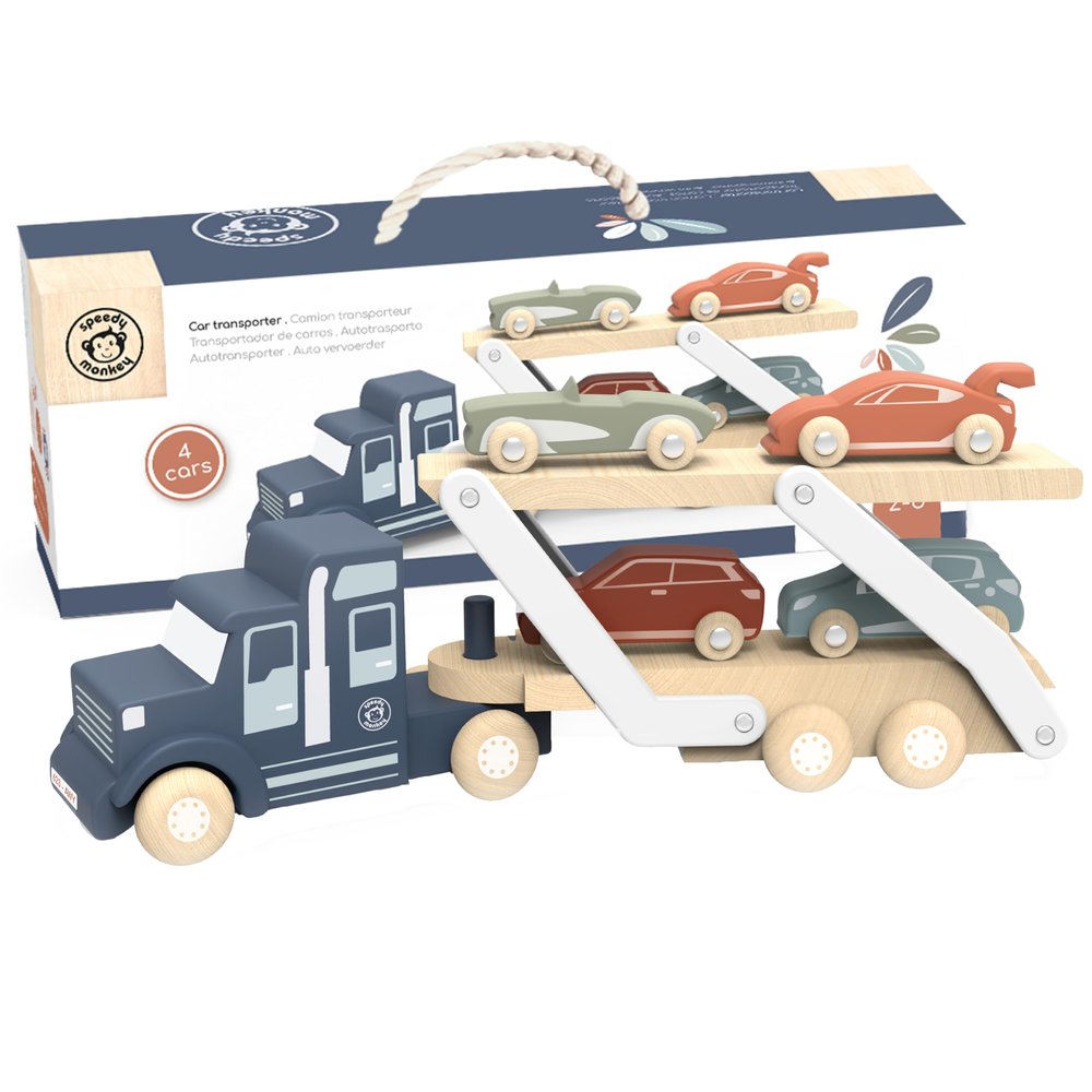 SPEEDY MONKEY Wooden Car Transporter Truck Toy | Double Deck Car Carrier with 4 Wooden Cars | Educational Vehicle Play Set for Toddlers & Kids | Creative Pretend Play Transport Toy