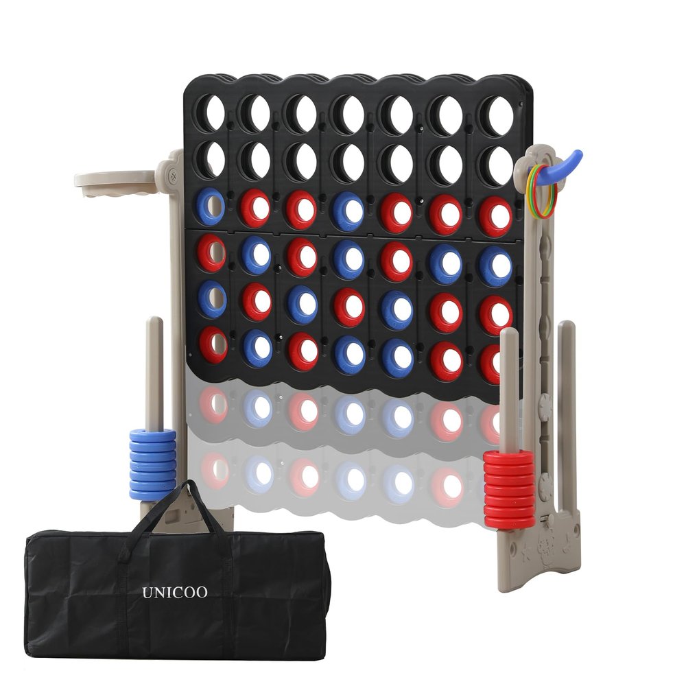 UNICOO Jumbo 4 in a Row Game | Adjustable Height (2.5-3.5 FT) 4-to-Score Giant Yard Game Set for Kids & Adults w/Carrying Bag, Build-in Mini Games | Indoor/Outdoor Games for Parties & Family Fun