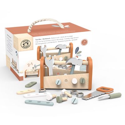 SPEEDY MONKEY Montessori 2-in-1 Wooden Tool Box Workbench for Pretend Play | Kids Workshop Set with Hammer, Saw, Wrench & Tools | Supports Practical Life Skills & Motor Development for Kids Ages 3+