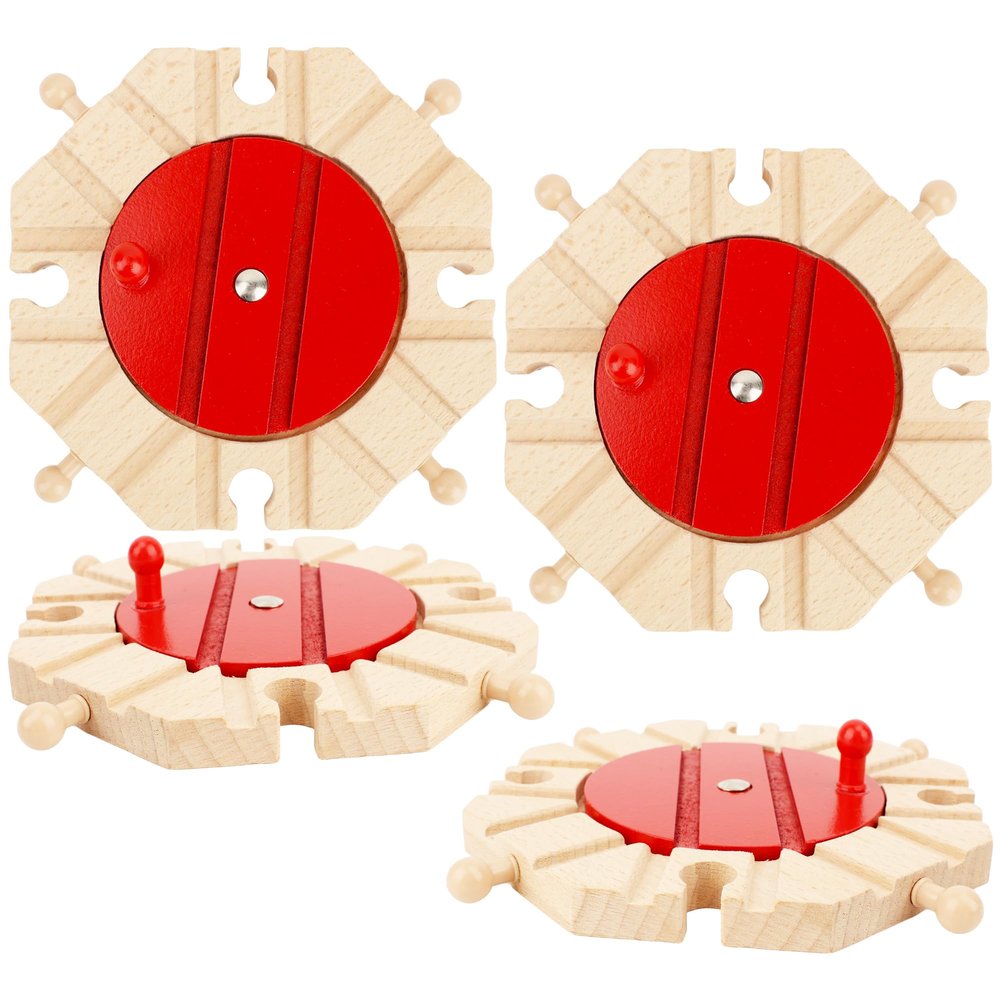 4 Pack Wooden Track Rotating Turntables Wood Train Track Expansion Packs Hardwood Switching Track Compatible with Major Brand Railway Set