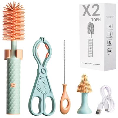 360 Bottle Cleaner, 360 Electric Bottle Cleaner, Portable Travel Electric Baby Bottle Brush Set (4Set,Green)