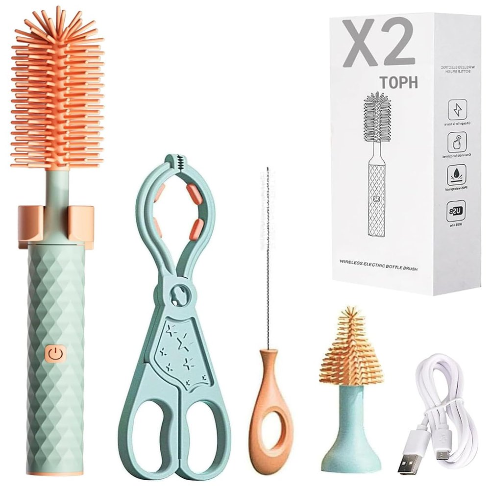 360 Bottle Cleaner, 360 Electric Bottle Cleaner, Portable Travel Electric Baby Bottle Brush Set (4Set,Green)