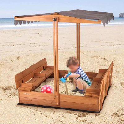 RJFGIDEM Outdoor Sand Box with Lid, Adjustable Height Roof, 2 Foldable Bench Seats, Wooden Sandbox for Backyard, Gift for Ages 2-8