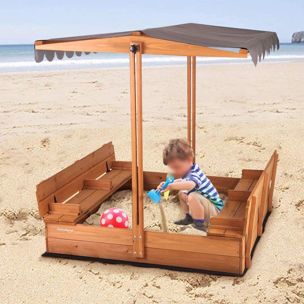 RJFGIDEM Outdoor Sand Box with Lid, Adjustable Height Roof, 2 Foldable Bench Seats, Wooden Sandbox for Backyard, Gift for Ages 2-8