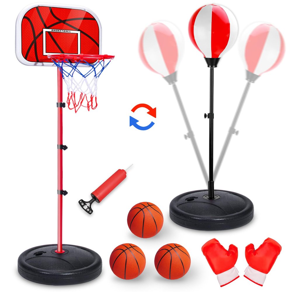 2 in 1 Adjustable Kids Basketball Hoop and Punching Bag with Stand for Kids, Toys Gifts for Boys Age 3 4 5 6 7 8 9 10+, Toddler Basketball Hoop and Boxing Bag Set Toy for Outdoor Indoor Sports Games
