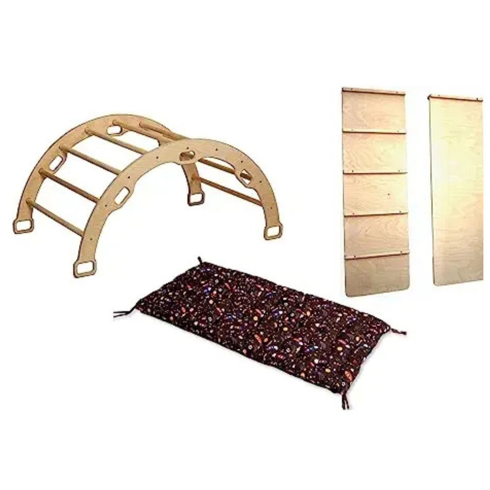 Kidodido Wooden Climbing Arch | Montessori Rocker with Ladder Ramp & Pillow | Wooden Rocker Arch | Climbing Arch with Cushion | Indoor Montessori Playground Set (Space)