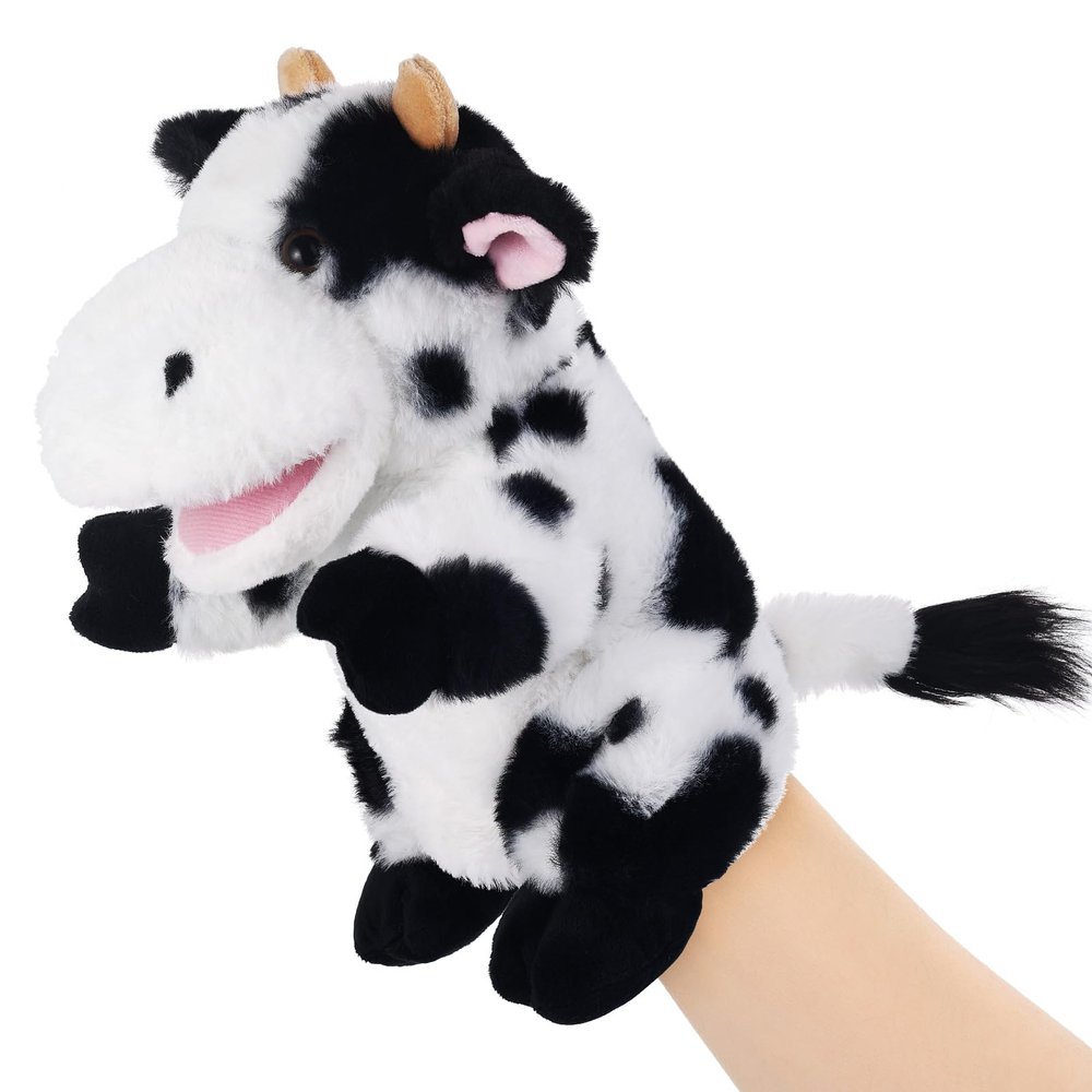 Animal Hand Puppets 11 Inch Sea Turtle Plush Dinosaur Animals Hand Puppet Toys Role-Play Toy Puppets for Kids Storytelling Imaginative Pretend Play Teaching Preschool(Cow)