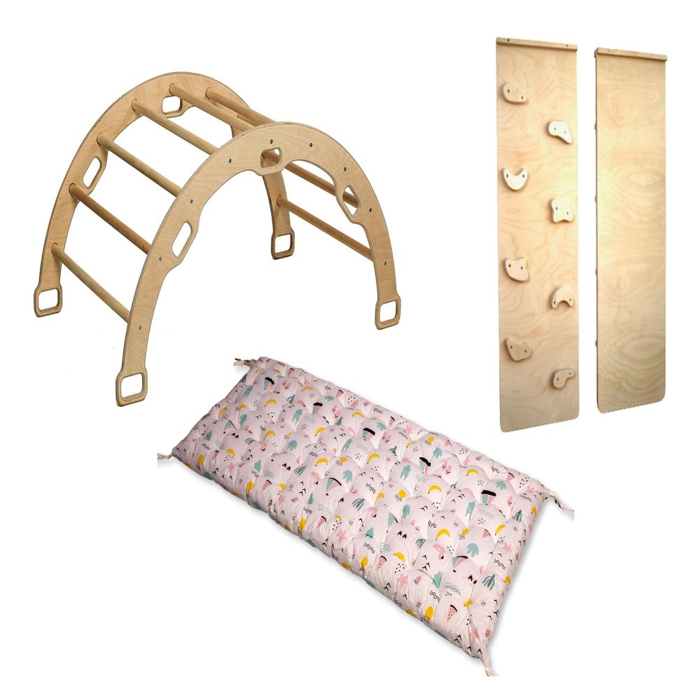 Kidodido Climbing Arch with Pillow | Montessori Wooden Rocker Arch | Rocker with Ramp & Pillow | Wooden Climbing Arch with Cushion | Indoor Montessori Playground Set (Flamingo)